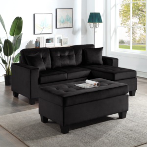 Naomi Black Velvet - Reversible Sectional & Ottoman Set