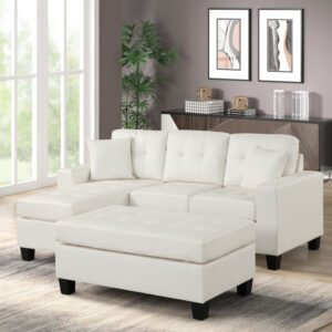 Naomi White PU - Reversible Sectional & Ottoman