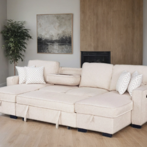 Sahara Beige - Double Storage Chaise Sectional w/ Drop Down Cupholders